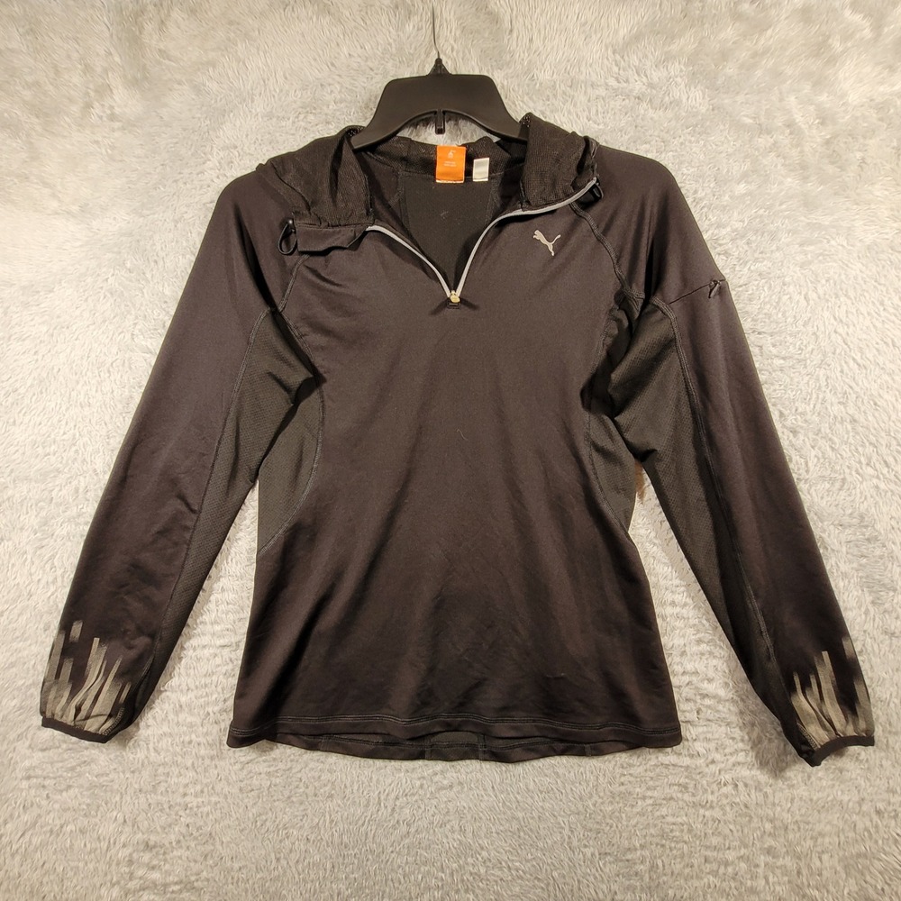 Puma Quarter Zip Hoodie Shirt Womens Medium Black Hooded Long Sleeve Pullover